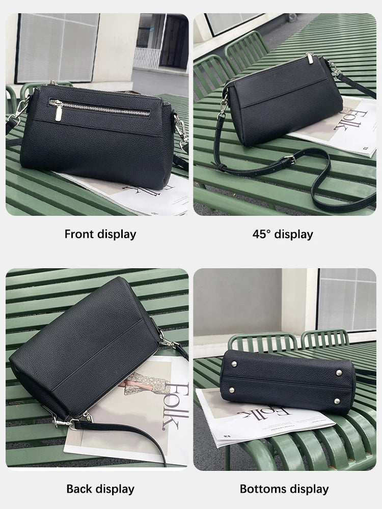 Zency Elegant Women's Handbags 2025 Trendy Soft Leather Messenger Bag Satchel Three Layer Pockets Luxury Designer Silver Metal