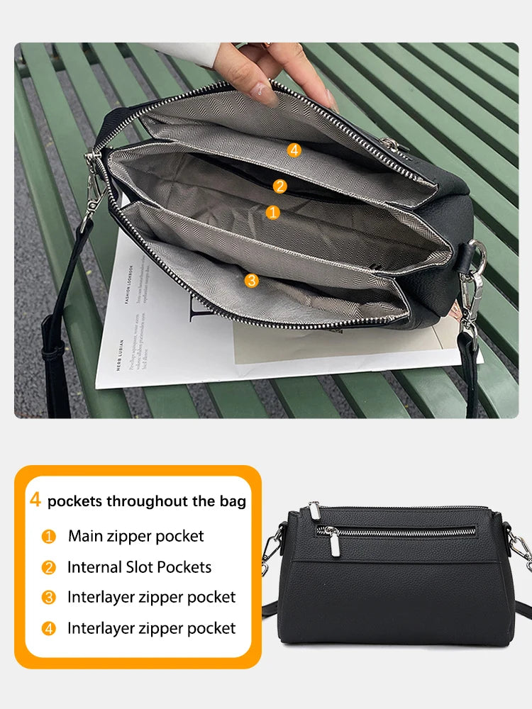 Zency Elegant Women's Handbags 2025 Trendy Soft Leather Messenger Bag Satchel Three Layer Pockets Luxury Designer Silver Metal