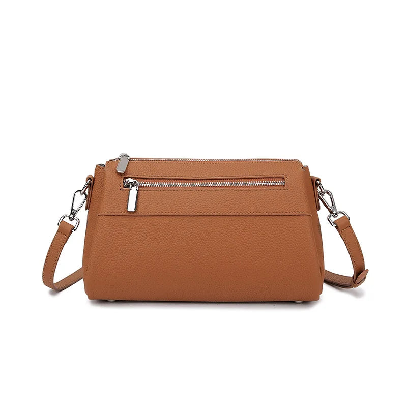 Zency Elegant Women's Handbags 2025 Trendy Soft Leather Messenger Bag Satchel Three Layer Pockets Luxury Designer Silver Metal