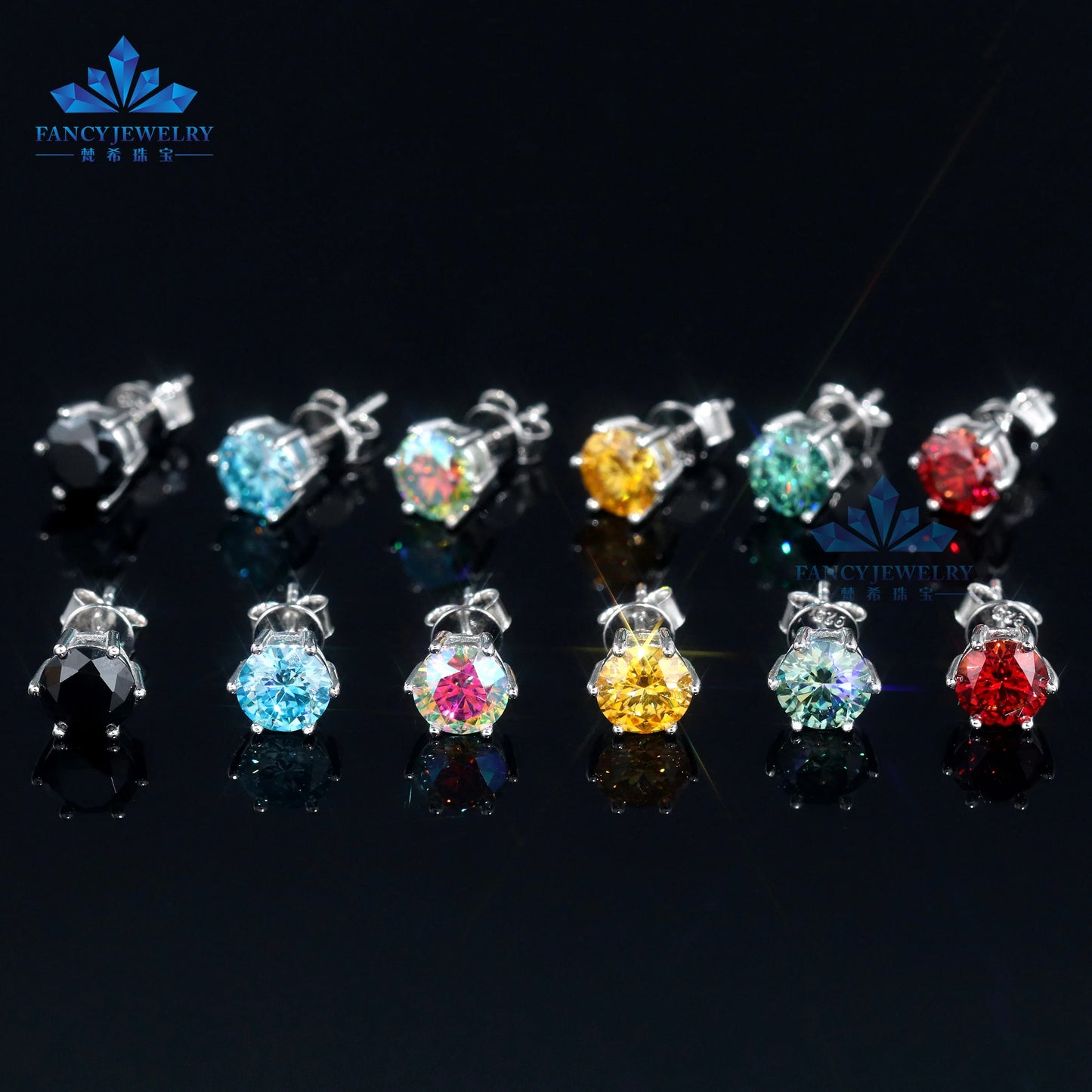 8mm 2CT Moissanite Stud Earrings 100% Real Diamond Pass Tester 4 Claws Women Earrings Yellow Green Red Blue Colorful Earring