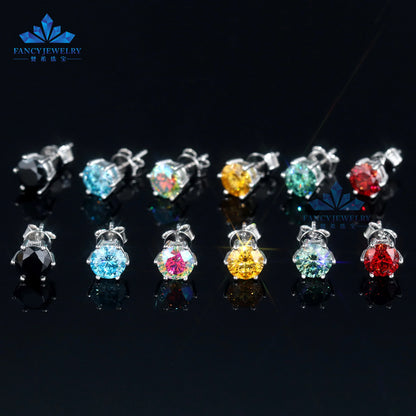 8mm 2CT Moissanite Stud Earrings 100% Real Diamond Pass Tester 4 Claws Women Earrings Yellow Green Red Blue Colorful Earring