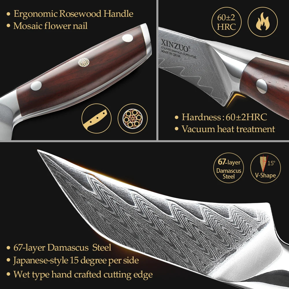 XINZUO 3" PRO Fruit Knife Damascus Steel Kitchen Knives Tools Japanese VG10 Core Razor Sharp Blade with Rosewood Handle