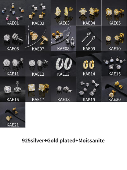 Fashion Fine Jewelry Earrings Gold Plate Sterling Silver 925 Jewellery Moissanite Gemstone Earring Hip Hop Jewelry for Women Men