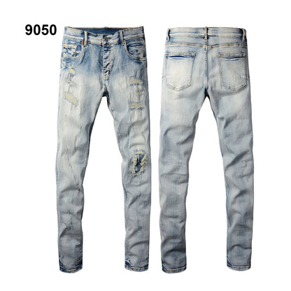 Wholesale Top Quality Brand Jeans Brand Men Fashion Designer Stretch Ripped Men's Mid-rise Ripped Denim Trousers
