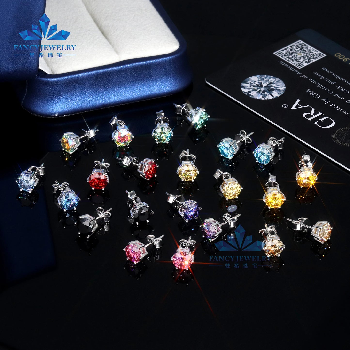 8mm 2CT Moissanite Stud Earrings 100% Real Diamond Pass Tester 4 Claws Women Earrings Yellow Green Red Blue Colorful Earring
