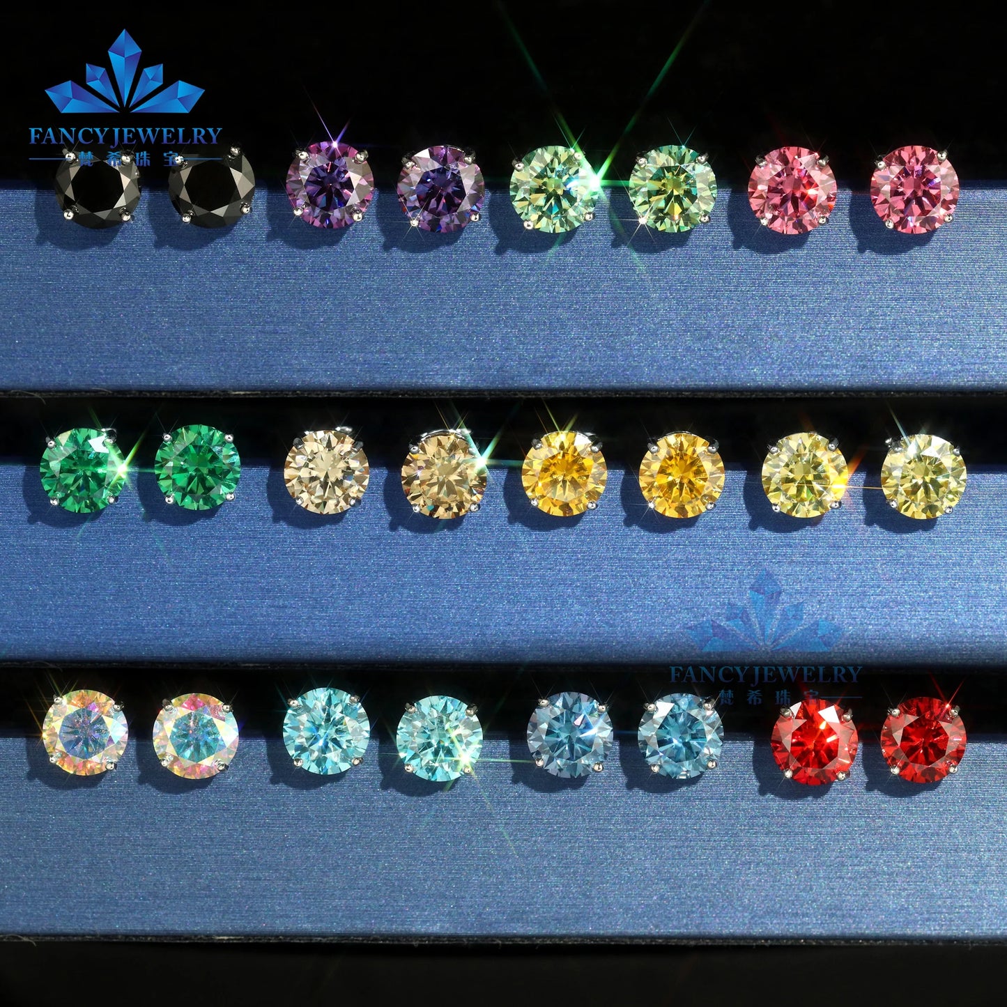 8mm 2CT Moissanite Stud Earrings 100% Real Diamond Pass Tester 4 Claws Women Earrings Yellow Green Red Blue Colorful Earring