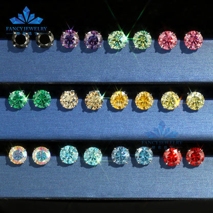 8mm 2CT Moissanite Stud Earrings 100% Real Diamond Pass Tester 4 Claws Women Earrings Yellow Green Red Blue Colorful Earring
