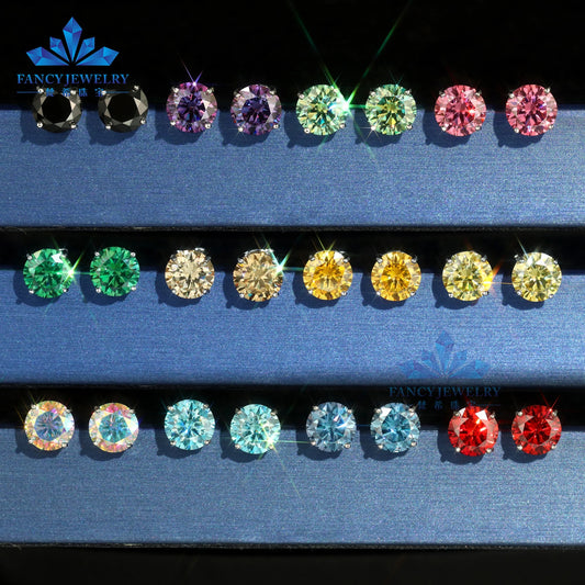 8mm 2CT Moissanite Stud Earrings 100% Real Diamond Pass Tester 4 Claws Women Earrings Yellow Green Red Blue Colorful Earring