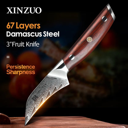 XINZUO 3" PRO Fruit Knife Damascus Steel Kitchen Knives Tools Japanese VG10 Core Razor Sharp Blade with Rosewood Handle
