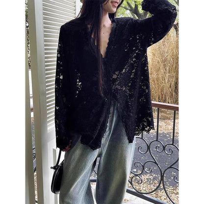 Y2K Lace Sheer Black Shirts Women Streetwear Sexy Hollow Out White Blouses Korean Aesthetic Long Sleeve Chic Sun Protection Tops