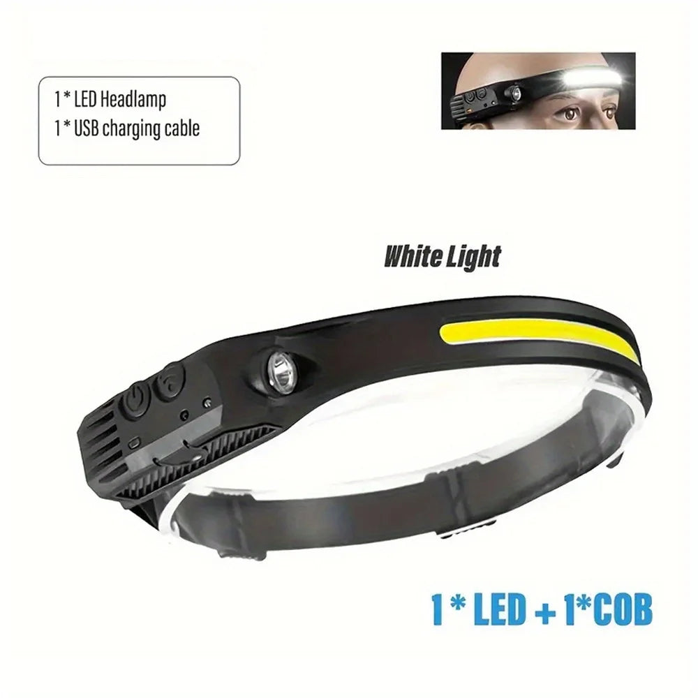 1 LED+COB USB Rechargeable Headlight, Motion Sensor Headlight, Suitable for Running, Fishing, Camping, Hiking, Emergency Lights