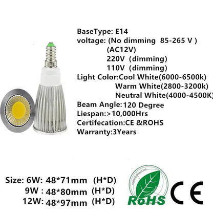 1X High Lumen E14 LED COB Spotlight 6W 9W 12W Dimmable AC12V 110V 220V LED Spot Light Bulb Lighting Lamp Warm/Cool white