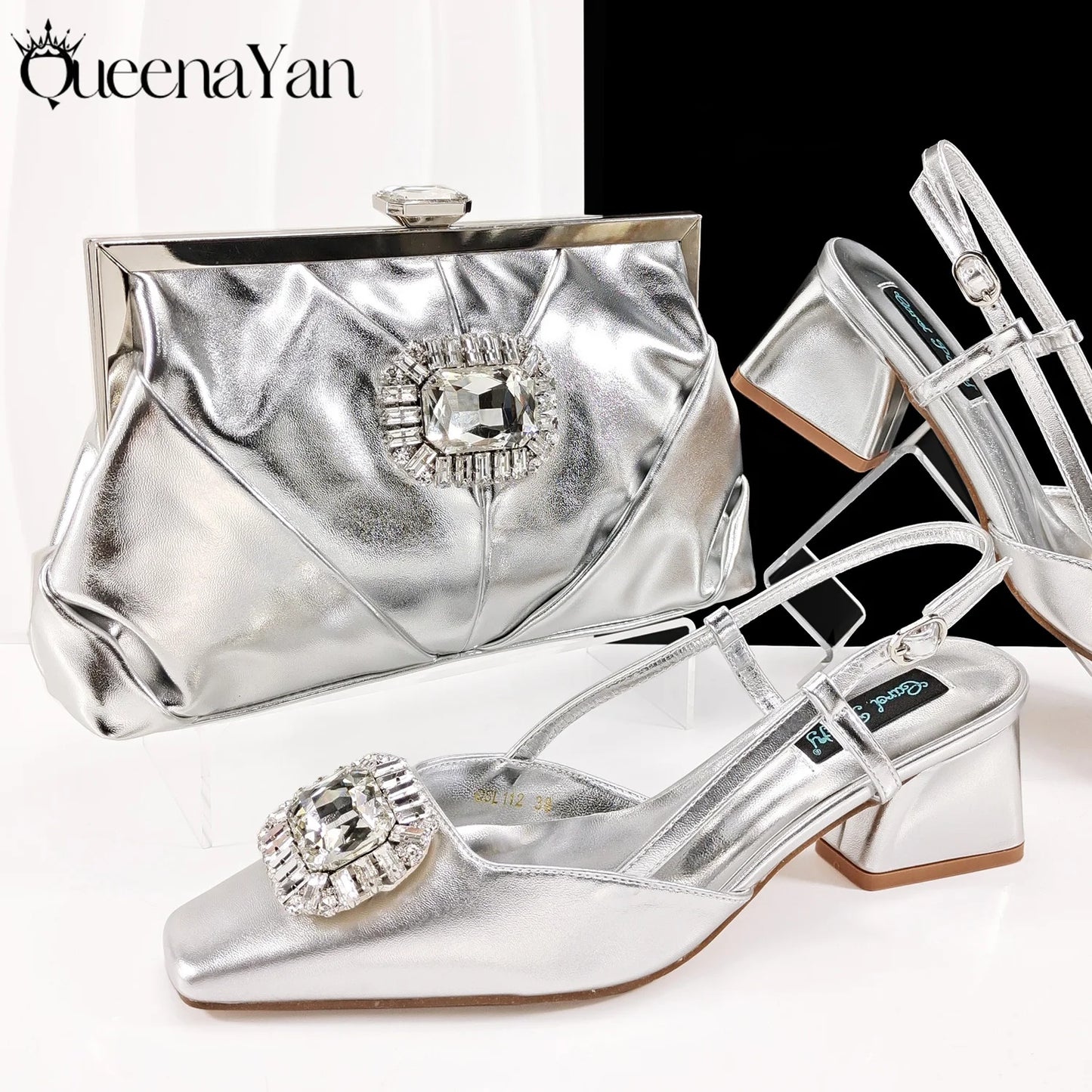Queena Yan Italian Rhinestone-Studded Pointed-Toe High Heel Shoes or with Matching Bag Set – Stylish & Comfortable Women's shoe