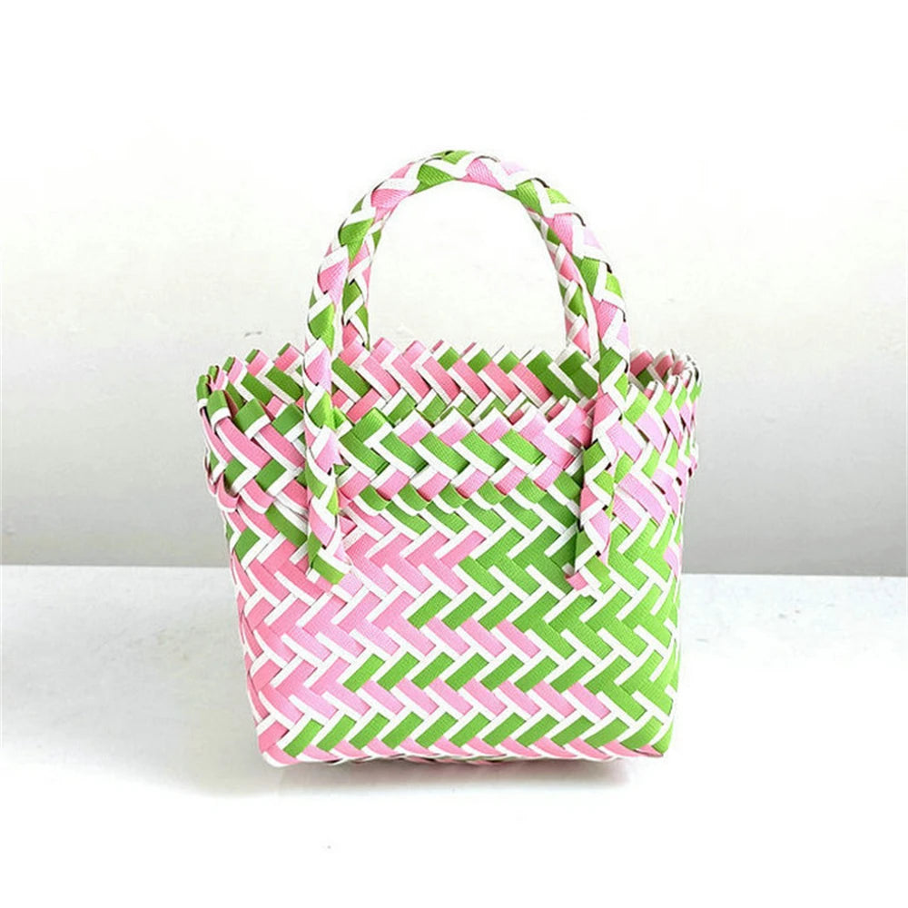 Summer Trend Hand Woven Handbag Square Little Basket 2025 New Straw Cute Colorful Bags Hundred Collision Color Holiday Beach Bag