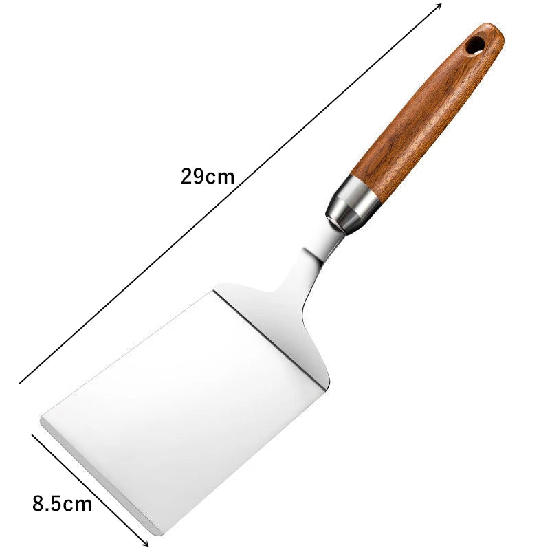 Stainless Steel Square Head Steak Cooking Spatula Wood Handle  Pizza Shovel Pancake Beef Turner Scraper BBQ Utensils For Kitchen