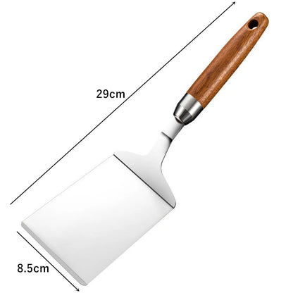 Stainless Steel Square Head Steak Cooking Spatula Wood Handle  Pizza Shovel Pancake Beef Turner Scraper BBQ Utensils For Kitchen