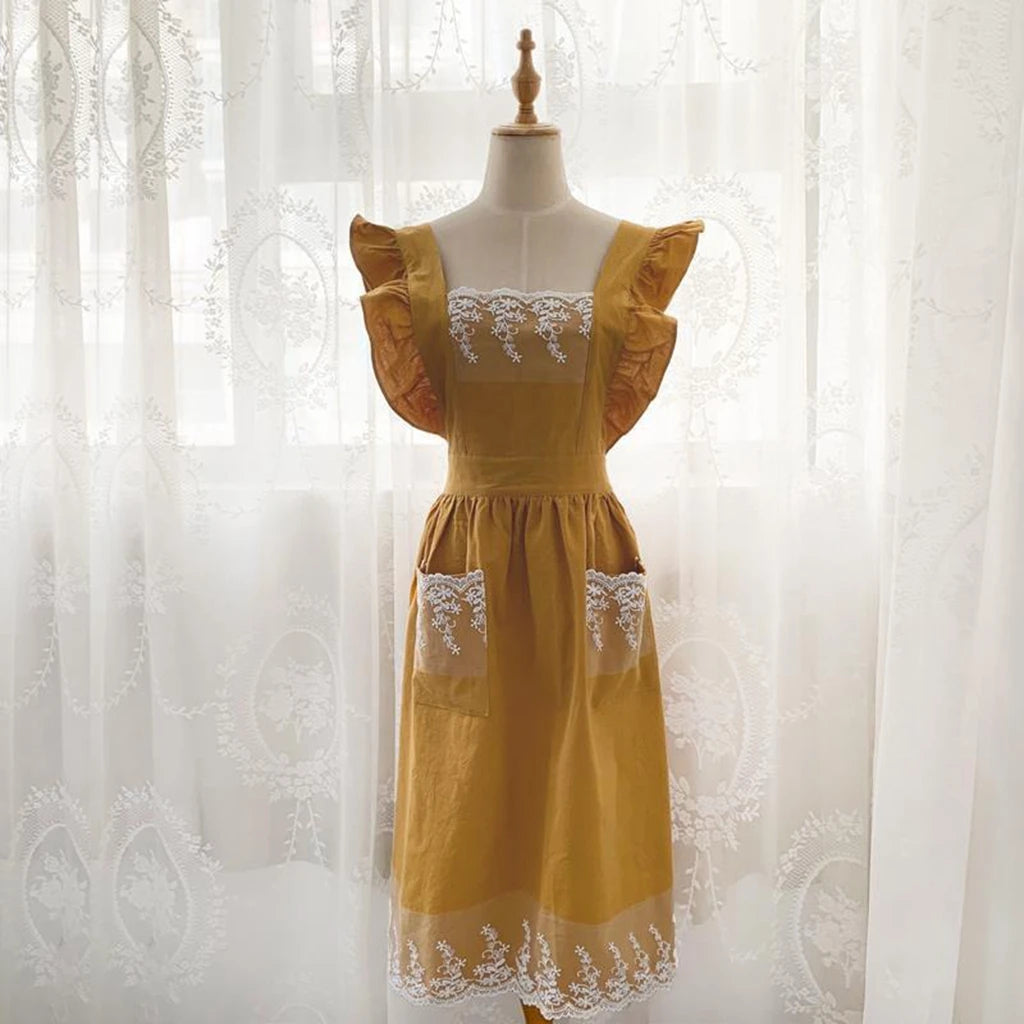 Washed Cotton Linen Lace Aprons Cooking Kitchen Aprons Flower Shop Garden Ruffles Work Clean Apron for Woman Overalls Dress