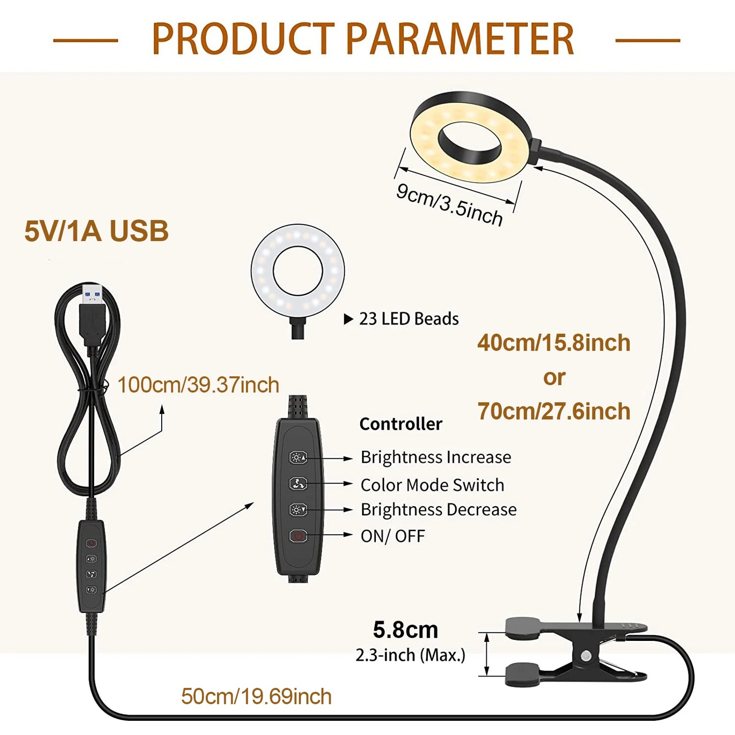 USB LED Reading Lights Flexible Gooseneck Dimmable Table Lamp Clip On Indoor Bedroom Eye Protection Desk Light Book Clamp Lamp