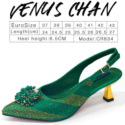 Venus Chan 2024 Green Rhinestone High Heels Pointed Toe Mixed Color Sexy Ladies Shoes With Clutch Bag Set For Luxury Party