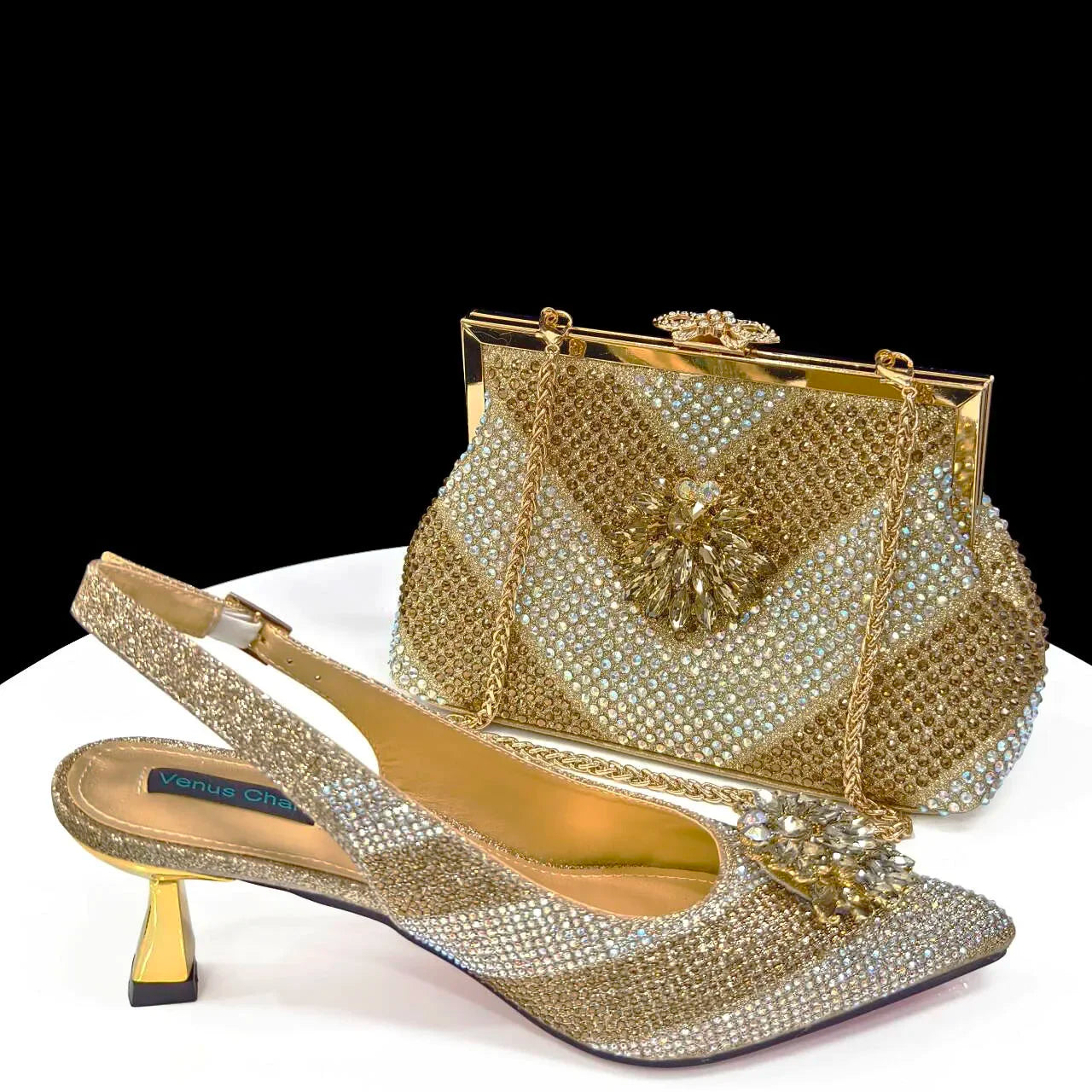 Venus Chan 2024 Green Rhinestone High Heels Pointed Toe Mixed Color Sexy Ladies Shoes With Clutch Bag Set For Luxury Party