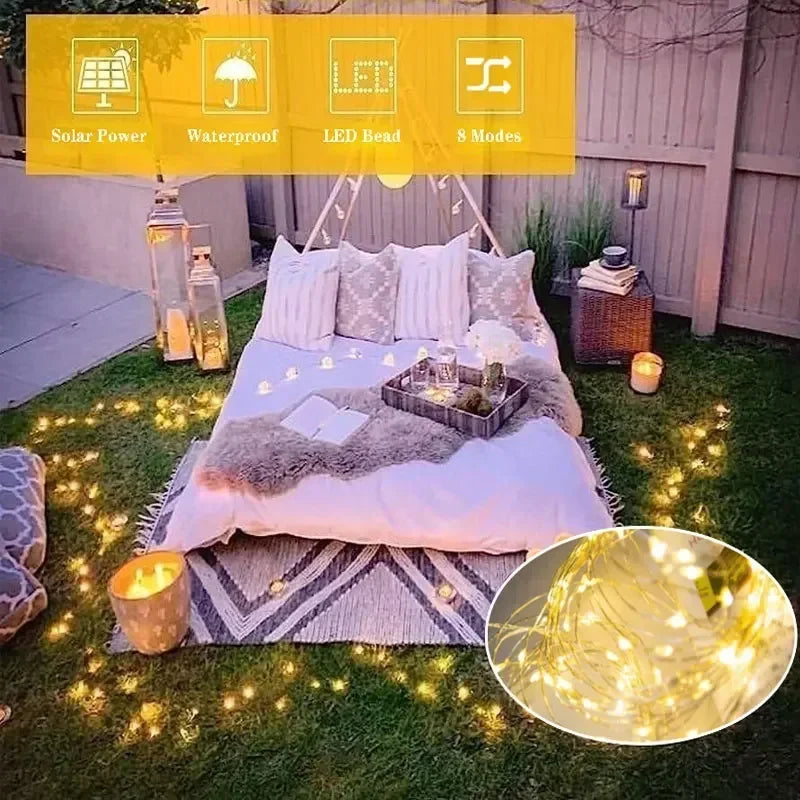 1 Pack Copper Wire Outdoor Solar Light String 8 Modes for Wedding Party Home Garden Summer Decoration LED Solar Garland Lamp