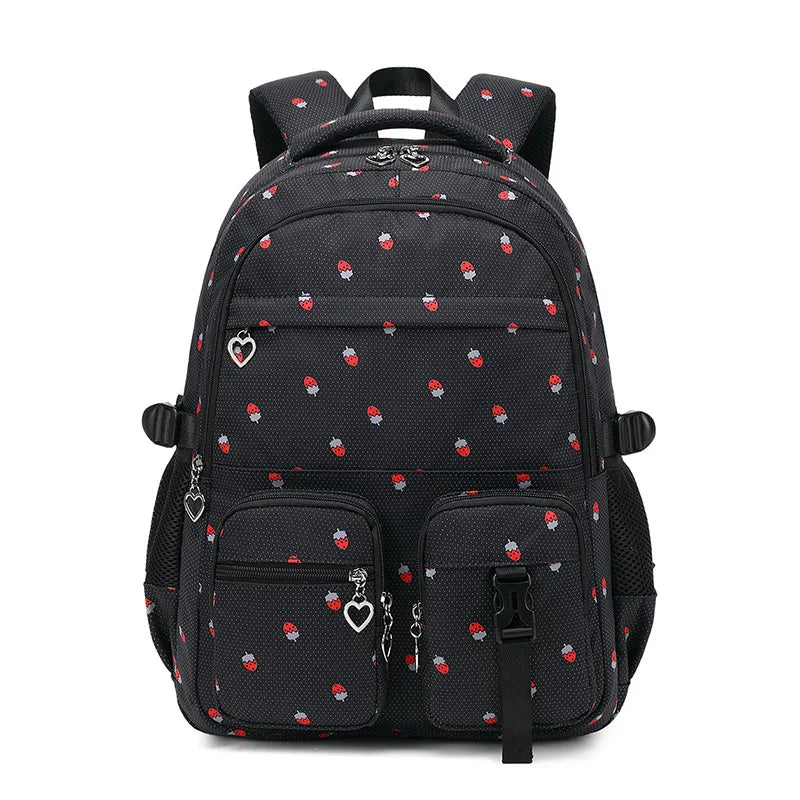 Waterproof Schoolbag Strawberry Print Large Capacity Backpack Shoulder Bag Bookbags Nylon Travel Student Daily Zipper School Bag