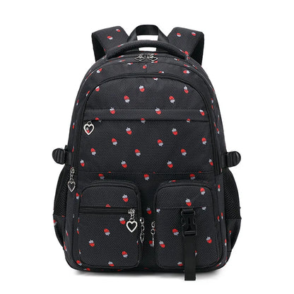 Waterproof Schoolbag Strawberry Print Large Capacity Backpack Shoulder Bag Bookbags Nylon Travel Student Daily Zipper School Bag