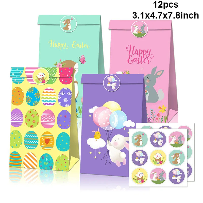 12pcs Happy Easter Party Gift Bags cartoon Egg Bunny Printed Paper candy Bag Easter Party Decoration Kids Gift Packaging Bag