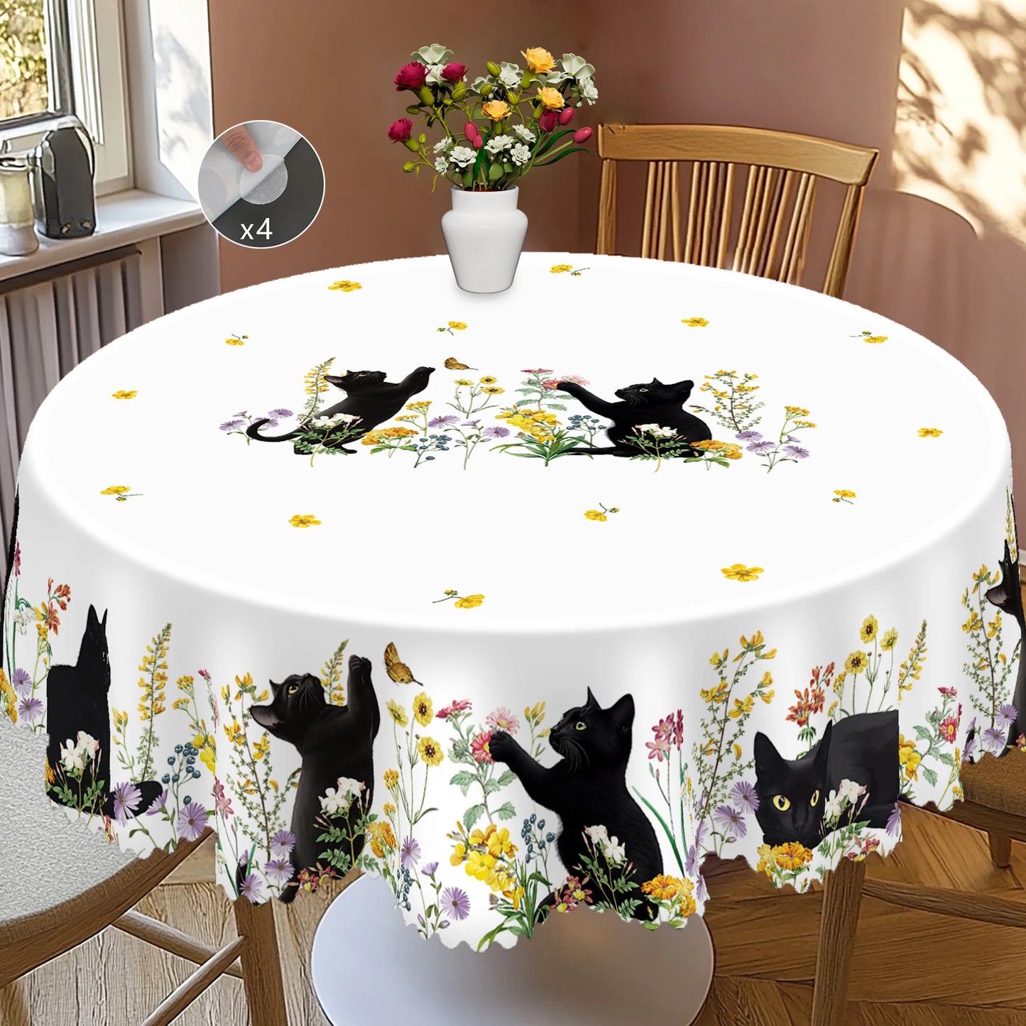 1 Piece of Kitten Themed Printed Tablecloth, Country Farmhouse Style, Black Kitten, Flower Pattern Design, Multiple Sizes Available, Suitable for Spring and Summer, Garden Party during Holiday, Camping Style Decoration, Kitch
