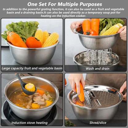 Stainless Steel Vegetable Slicer Grater 3in1 Colanders Basin Grater Bowl Drain Basket Kitchen Household Thickened Drainage Basin