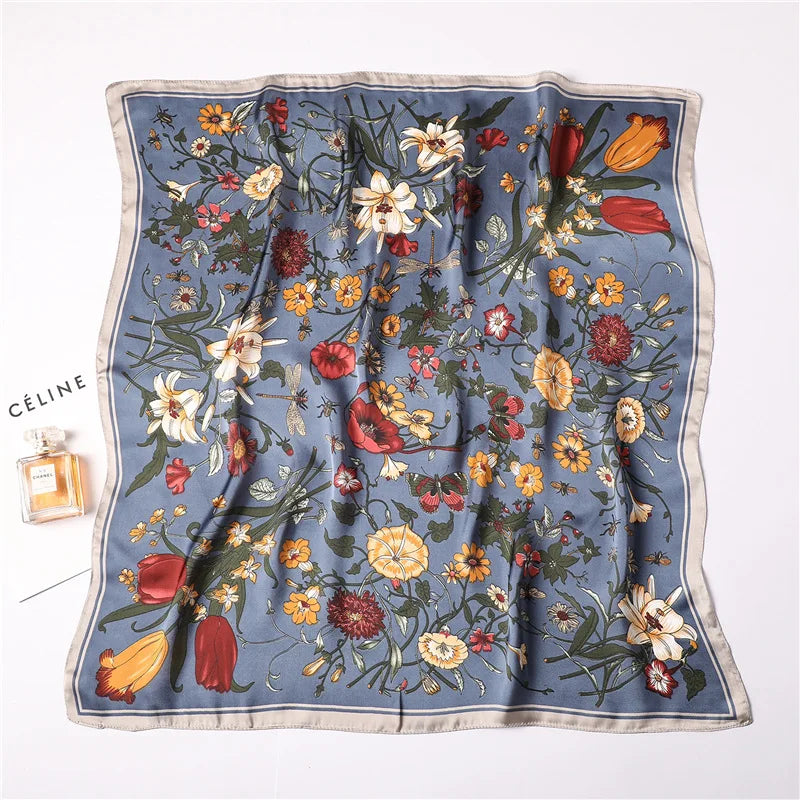 Spring and Summer Print Hair Scarf Women Floral Kerchief Neck Tie Hand Wrist Foulard Shawl Wraps Sun Protection Hijab Bandana