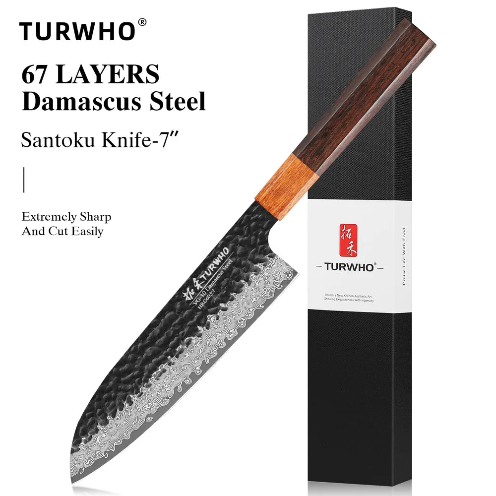 TURWHO 7 inch Damascus Steel Japanese Chef Knives Sharp Slicing Utility Kitchen Knives Cooking Tools Hand Forged Santoku Knife
