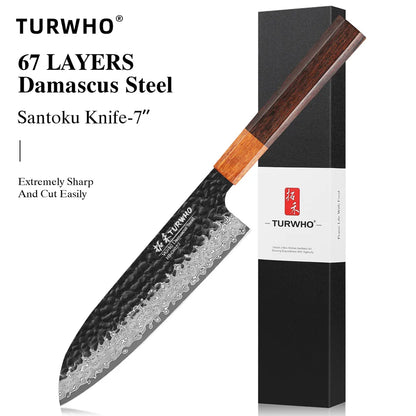 TURWHO 7 inch Damascus Steel Japanese Chef Knives Sharp Slicing Utility Kitchen Knives Cooking Tools Hand Forged Santoku Knife