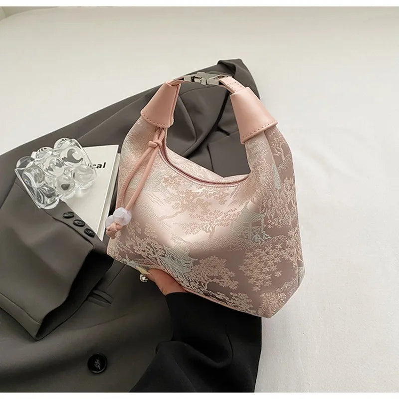 4 Colors Embroidered Chinese Style Handbag Zipper Canvas Pea Purses Adjustable Luxury Cheongsam Bag Work