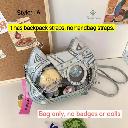 Y2K Kawaii Cat Ita Bag Cute PU Backpack Girls Transparent Pocket Harajuku Crossbody Bag Women's Fashion DIY Display Shoulder Bag