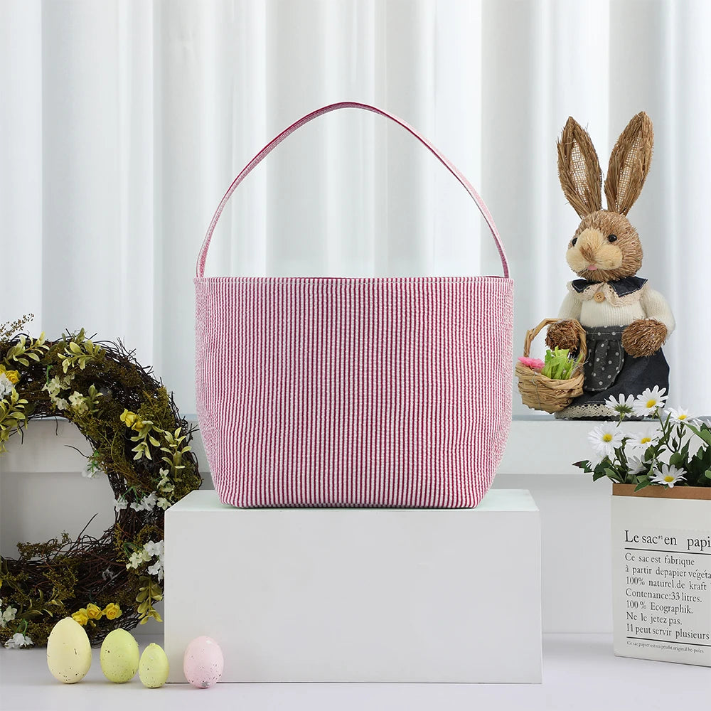 Seersucker Easter Basket Halloween Stripped Bucket Kids Boys Girls Egg Hunt Carrying Gift Tote Bag Toys Party Decoration