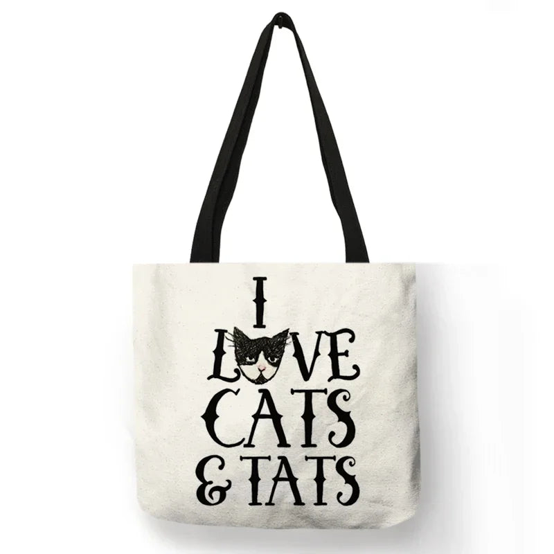 Black Cat Print Animal Art Painting Shopping Hand Bag Women Shoulder Bag Eco Large Graphic Tote Shopper Bag  for Boutique