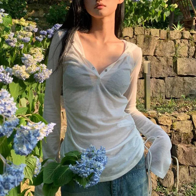 Sexy See Through Hooded Tops Women Casual Long Sleeve Thin Long Sleeve T-Shirt Female Streetwear Y2K Sun Protection White Tees