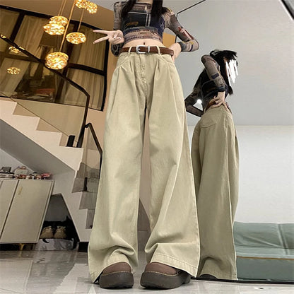 Khaki High Waist Straight Leg Wide Leg Pants Loose Slimming Workwear Casual Pants Spring Autumn Long Pants Retro Women Pants