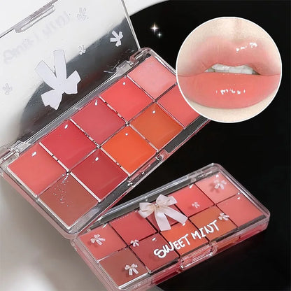 Sweet Mint 10-Color Lip Tint Palette — Natural Hydrating Formula, Non-Transfer Mirror-Gloss Finish,