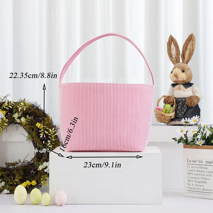 Seersucker Easter Basket Halloween Stripped Bucket Kids Boys Girls Egg Hunt Carrying Gift Tote Bag Toys Party Decoration