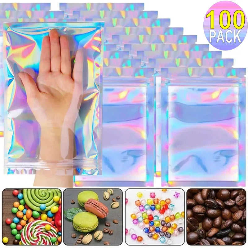 100/10PCS Laser Sealing Bags Plastic Holographic Candy Food Pouch Resealable Necklace Jewelry Gift Packaging Kitchen Storage Bag