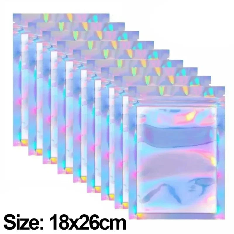 100/10PCS Laser Sealing Bags Plastic Holographic Candy Food Pouch Resealable Necklace Jewelry Gift Packaging Kitchen Storage Bag