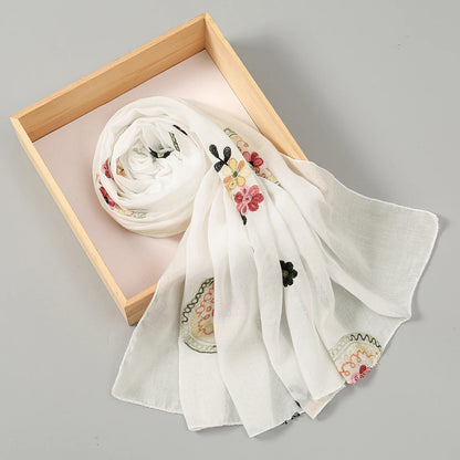 Women Foulard Embroidered Cotton linen Scarf Bandana Elegant Long Shawl Hijab Summer Sun Protection Floral Scarfs Vintage Tippet