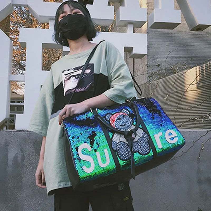 Women Travel Bag Large Capacity Shoulder Crossbody Bag Fashion Sequins Luggage Pack High Quality Handbag Luxury Lady Weekend Bag