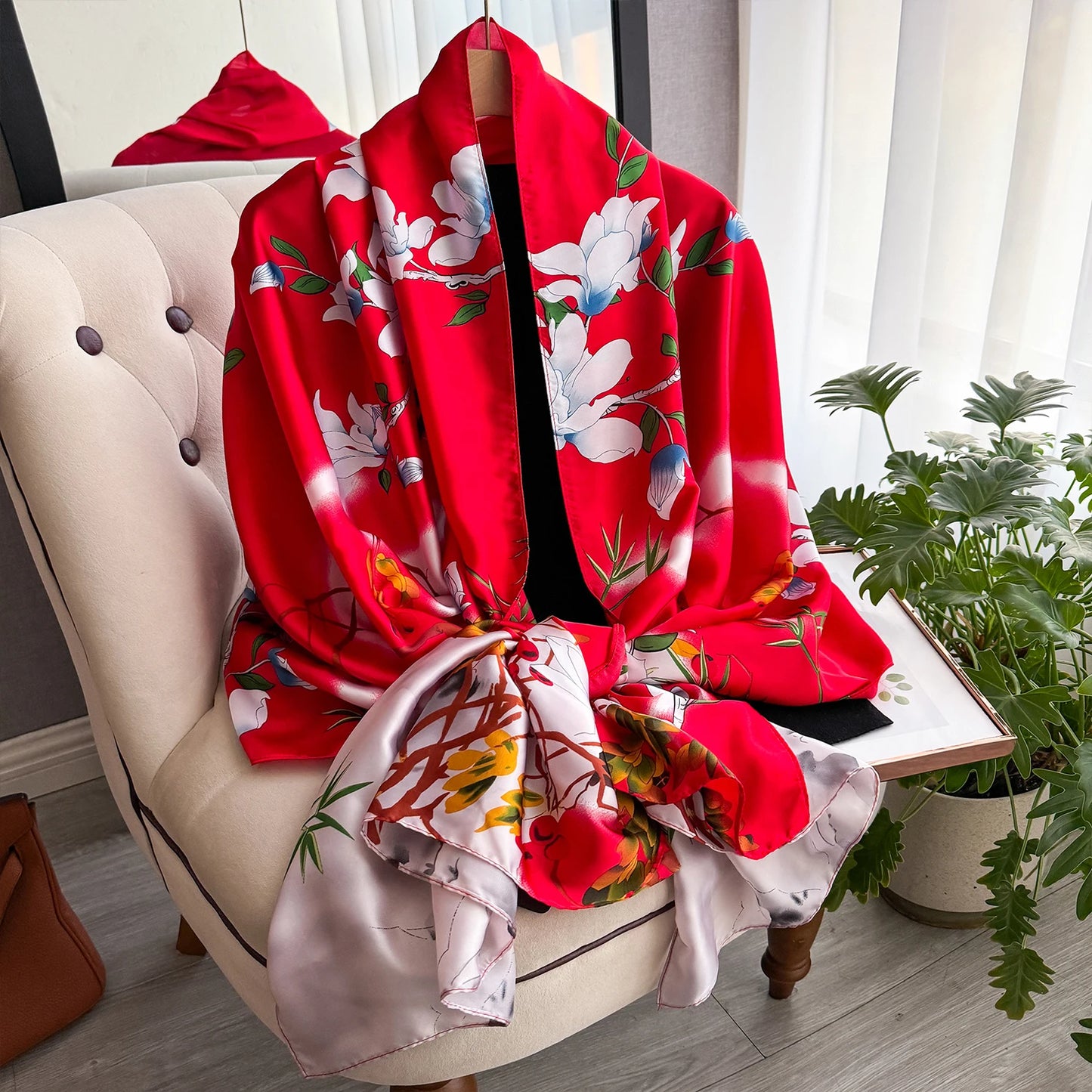 90*180cm Fashion Luxury Silk Scarf Women flowers Soft Smooth Scarves Wrap Hijab Outdoors Muffler Long Shawl Beach sun protection