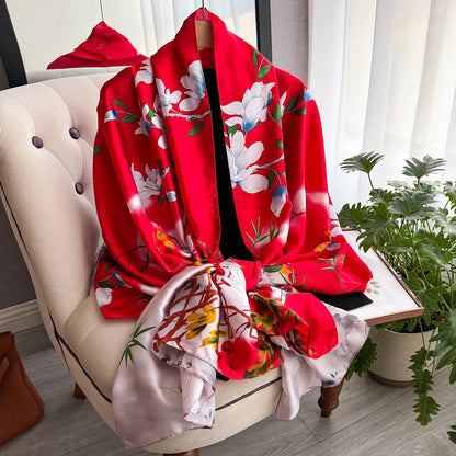 90*180cm Fashion Luxury Silk Scarf Women flowers Soft Smooth Scarves Wrap Hijab Outdoors Muffler Long Shawl Beach sun protection