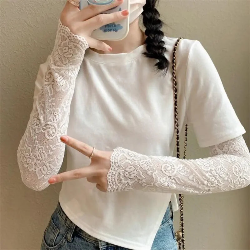 1 Pair Cycling Sun Protection Sleeves Lace Flower Embroidery Solid Color Thin Breathable Mesh Outdoor Driving Ani-UV Arm Covers