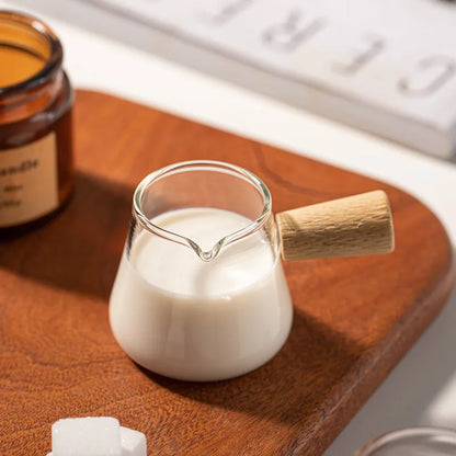 YWDL 60/110ml Wood Handle Glass Espresso Cup Milk Pitcher Single Mouth Jug Coffee Supplies Clear Kitchen Creamer Measure Mug