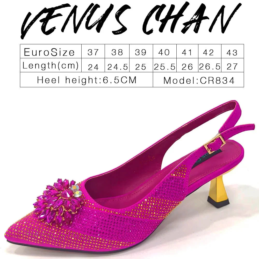 Venus Chan 2024 Green Rhinestone High Heels Pointed Toe Mixed Color Sexy Ladies Shoes With Clutch Bag Set For Luxury Party